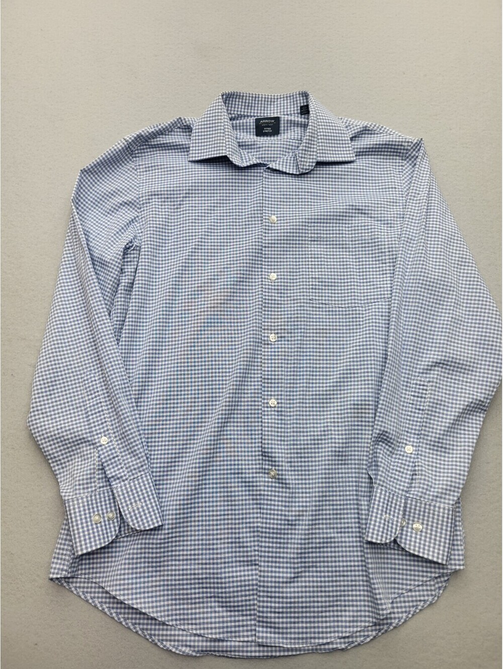 Arrow Men Button-Up 32/33 Blue Long Sleeve Plaid Cotton Blend Knit Stretch Work